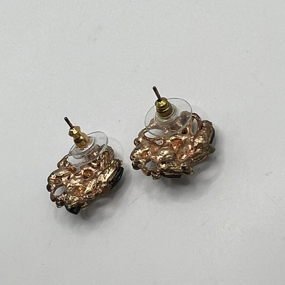 Vintage Rhinestone Pierced Earrings Black‎ Blue Clear Stones Copper Tone
